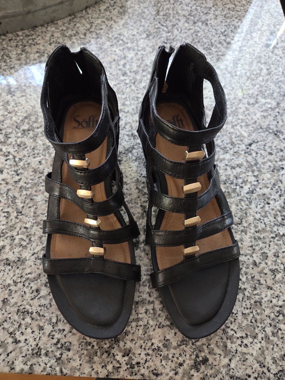 Sofft Black Strappy Sandals with Gold Accents